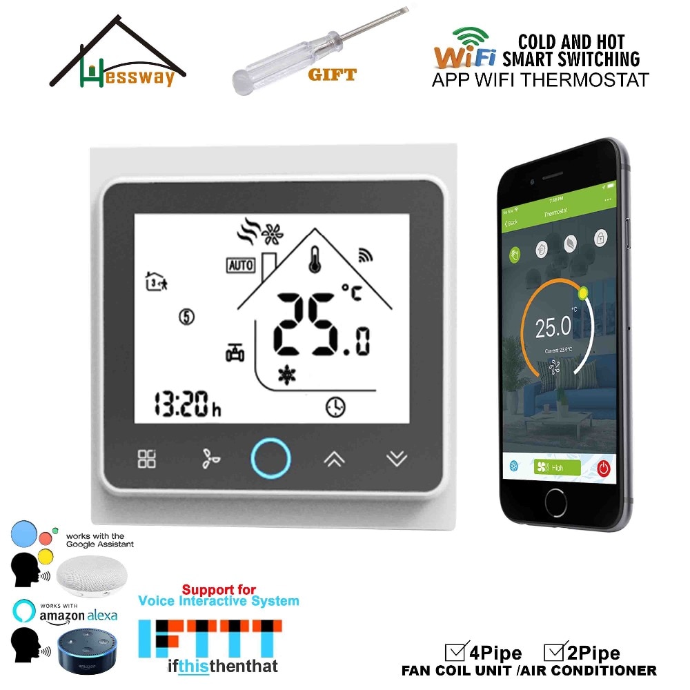 HESSWAY TUYA APP Smart Fan Coil WIFI Thermostat 24VAC for 4pipe 2Pipe Heat Cool Temp