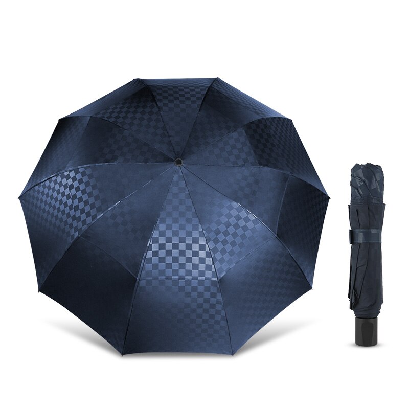Dubbele Laag Winddicht Paraplu Regen Vrouwen Mannen 4 Vouwen 10K Zaken Paraplu Mannelijke Dark Grid Parasol Familie Reizen Paraguas: Blue