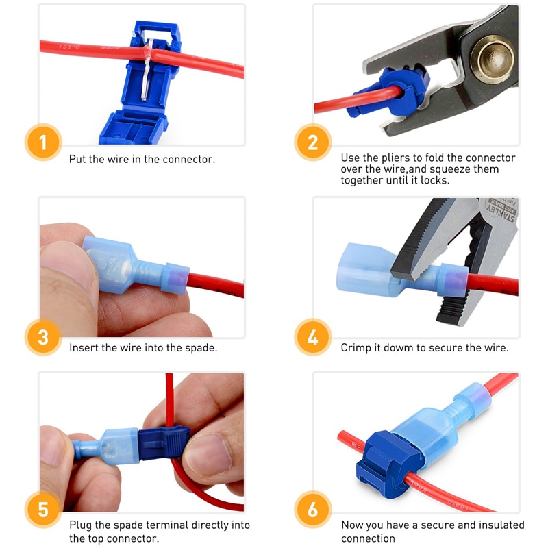 T-Tap Wire Connectors, Self-Stripping Quick Splice Electrical Wire Terminals, Insulated Male Quick Disconnect Spade Terminals