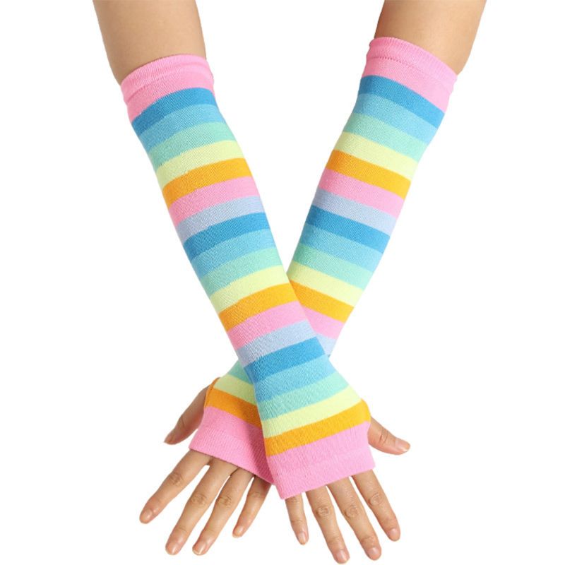 Mujer niña codo de punto, calentador de manga de brazo para protección solar Rayas Patchwork guantes sin dedos con agujero de pulgar disfraz