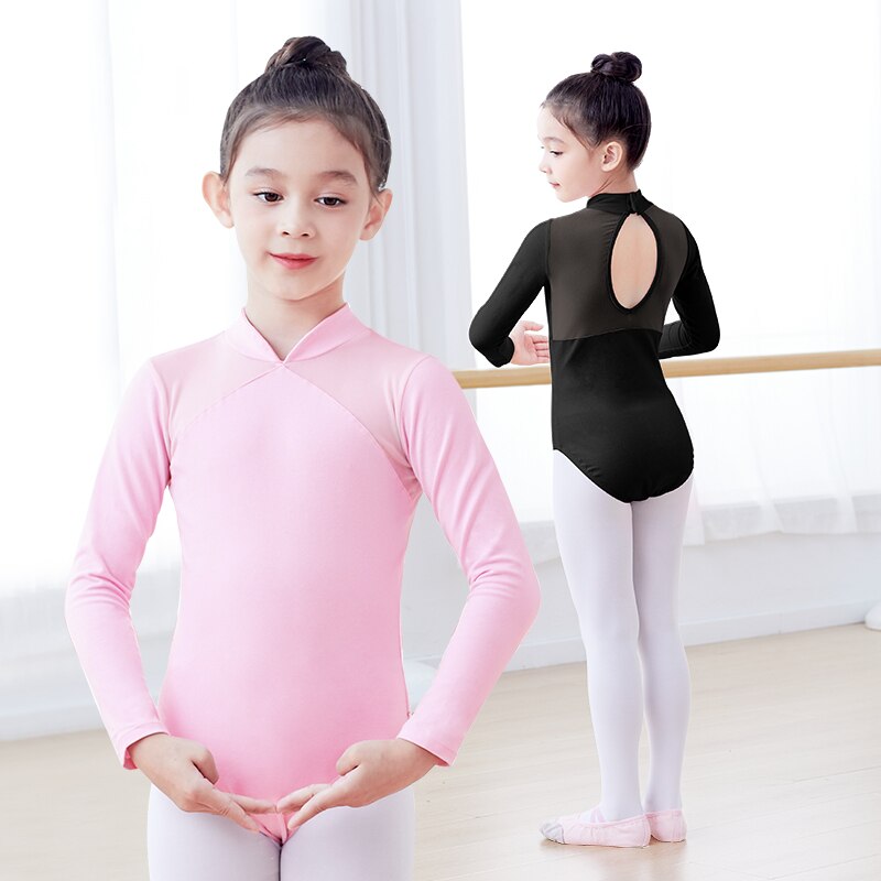 Mädchen Ballett Trikot Stehkragen Tanz Body Mesh Splice Langarm Gymnastik Trikots Teen Kinder Baumwolle Ballett Kostüme