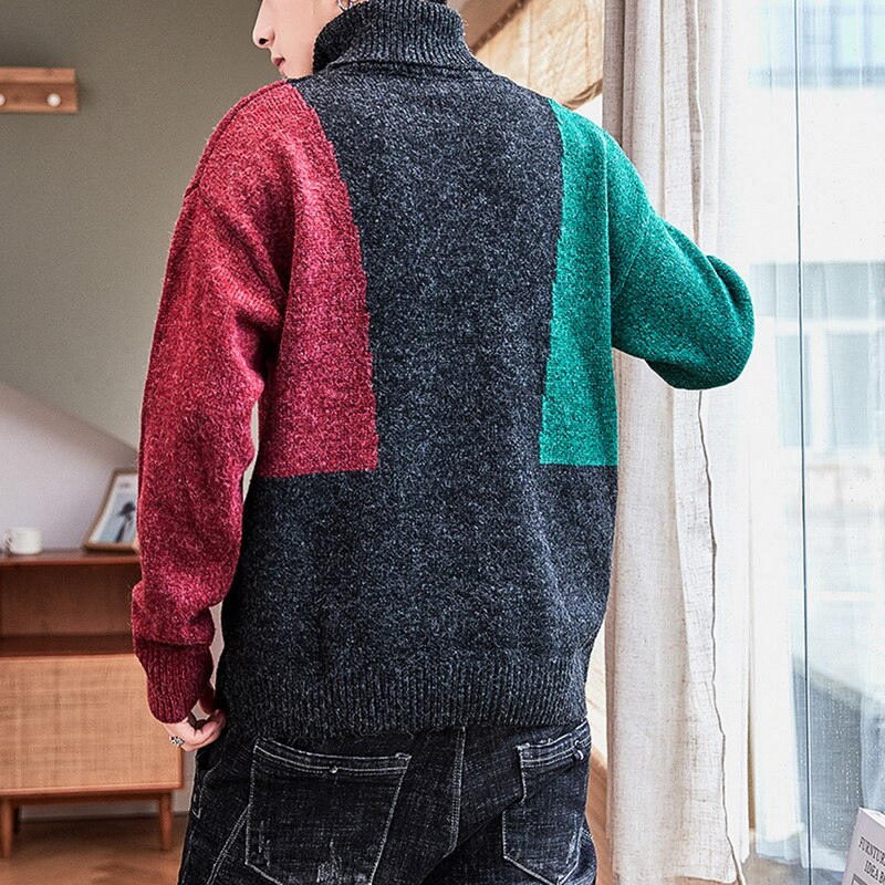 Rullekrave trøjer til mænd syninger farve simpel all-match løs harajuku chic koreansk herre tøj strikke pullover