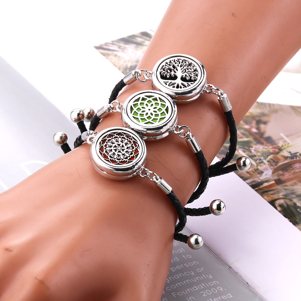 Difusor de aceites esenciales de Perfume, pulsera de cuero, medallón de aromaterapia, medallón de acero inoxidable, pulsera de cuero negro,