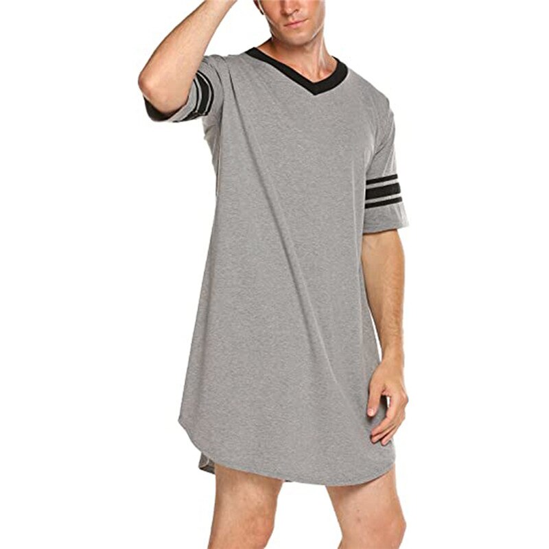 Chemise de nuit en coton doux pour hommes, Robes à manches courtes, col en v, ample, vêtements de nuit décontractés, hauts longs, été: GRAY / M