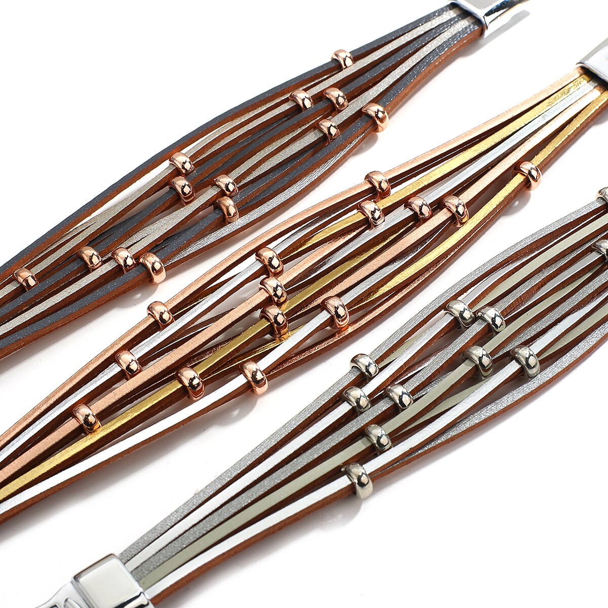 Allyes simples boho cruz buraco líquido contas de metal ampla envoltório pulseiras para mulheres multicamadas pulseira de couro feminino jóias presentes