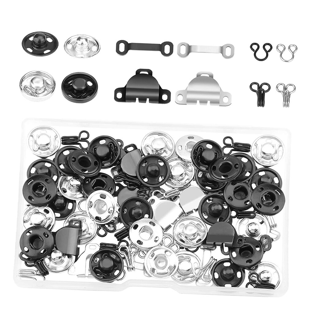 50 Metal Fastener Snap Button Hooks and Eyes Sewing Closures Set Tool Kit Crafts for Clothes, Jacket, Jeans, Bag, Belt, Bra