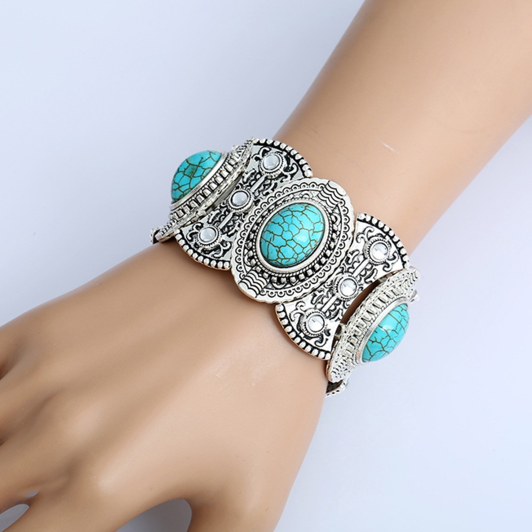 Etnische Stijl Boho Antieke Bangle Armband Voor Vrouwen Blauw Natuursteen Brede Band Manchet Armband Vintage Tibetaanse Sieraden