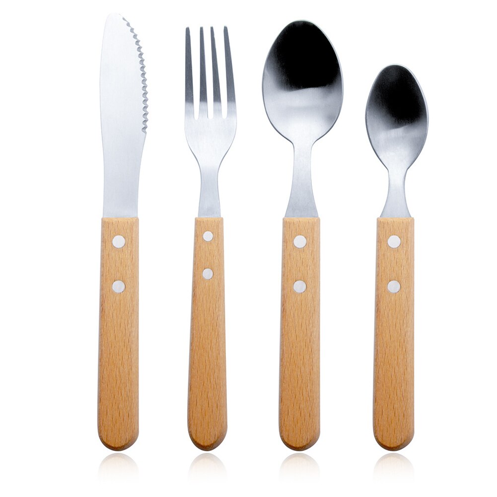 Stainless Steel Flatware Sets, 4 Piece Silverware Cutlery With Wooden Handles, Included Spoons, Knives, Dessert spoon, Forks: Default Title