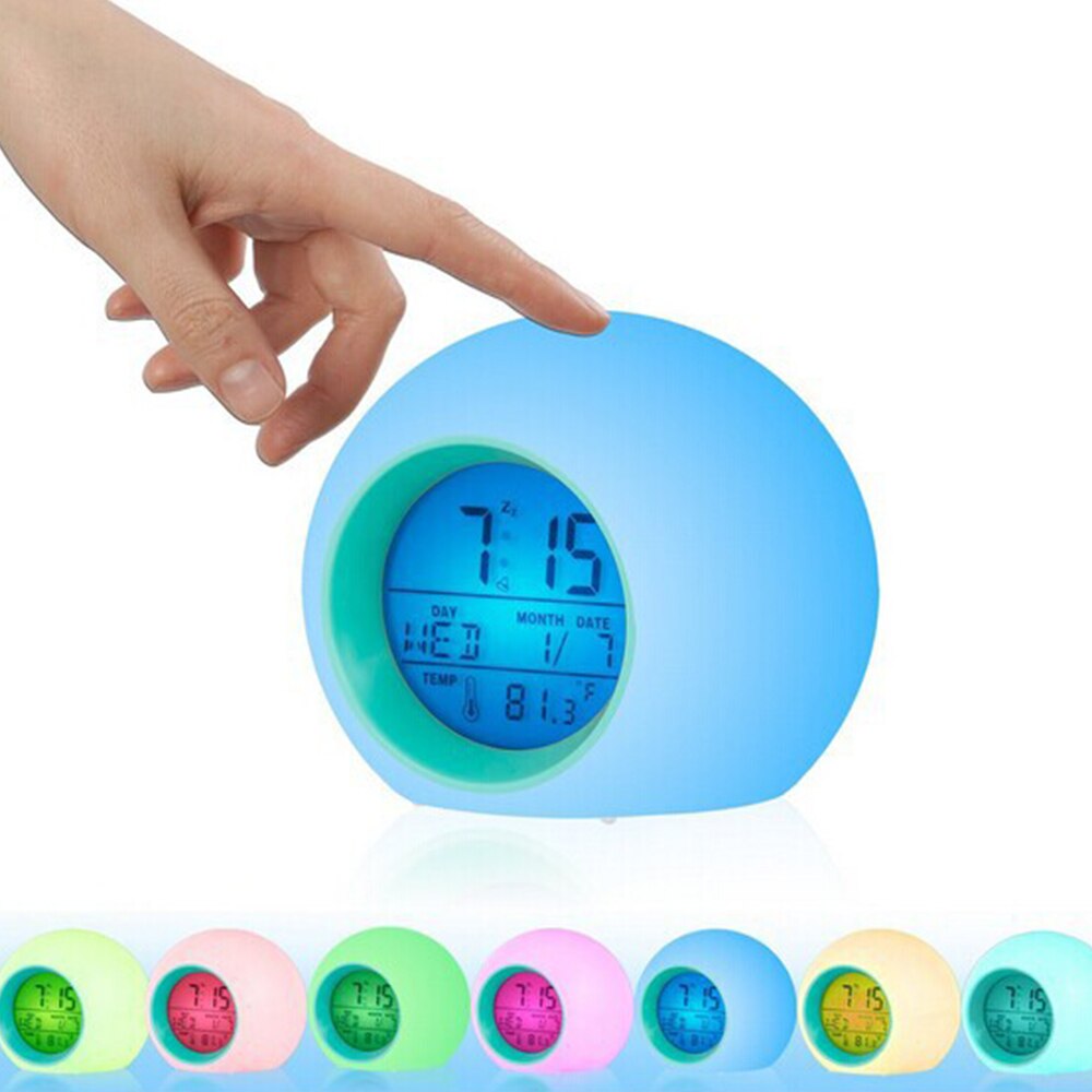 Reloj despertador redondo con luz de fondo para niños, decoración de sonido Natural, , 7 colores, calendario, bola frontal