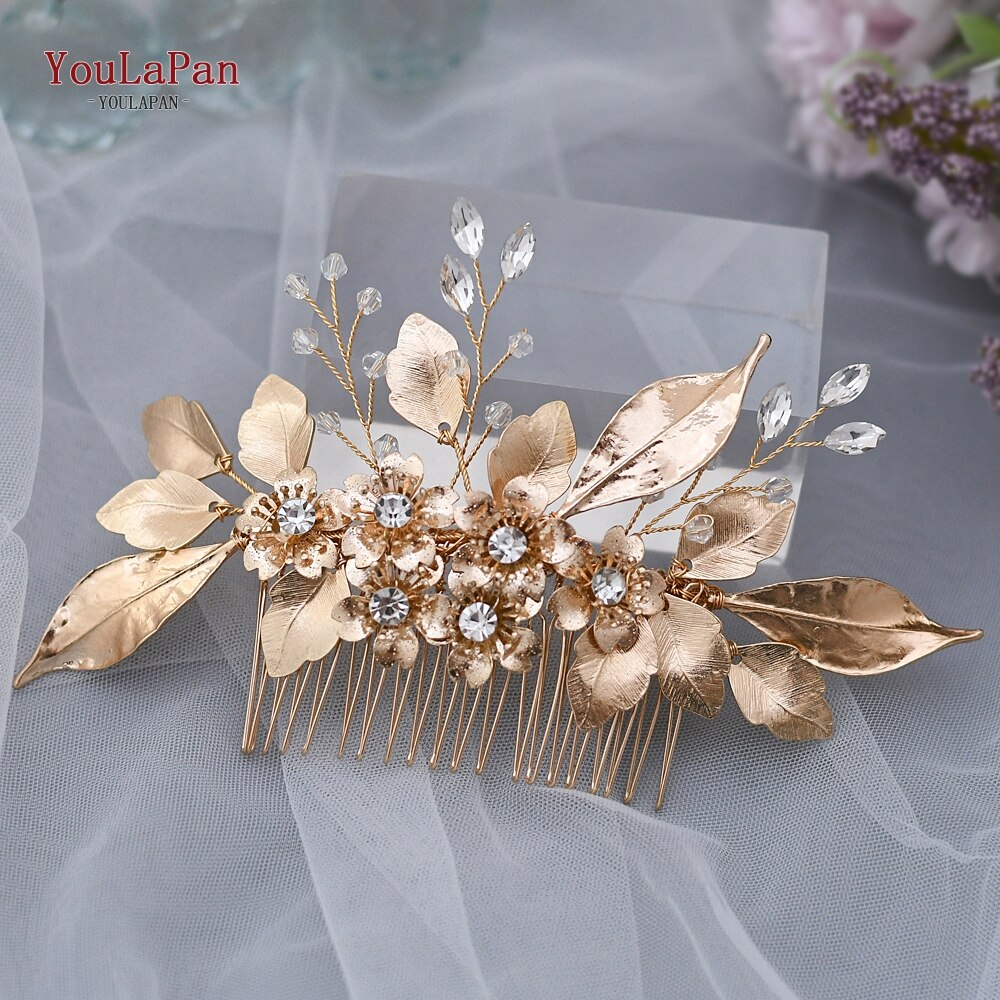 TOPQUEEN HP297 Luxury Diamond Headband Bridal Hair Pins Gold Bridal Tiaras for Women Hair Jewelry Newest Bridal Comb