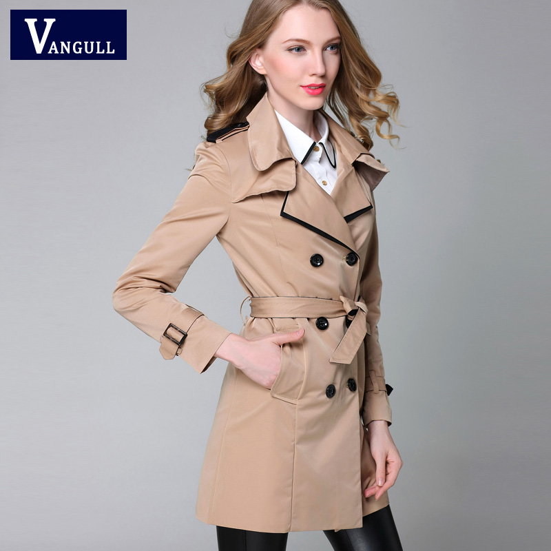 VANGULL 2022 Brand Classic European Trench Coat khaki Black Double Breasted Women Pea Coat real photos: Khaki / L