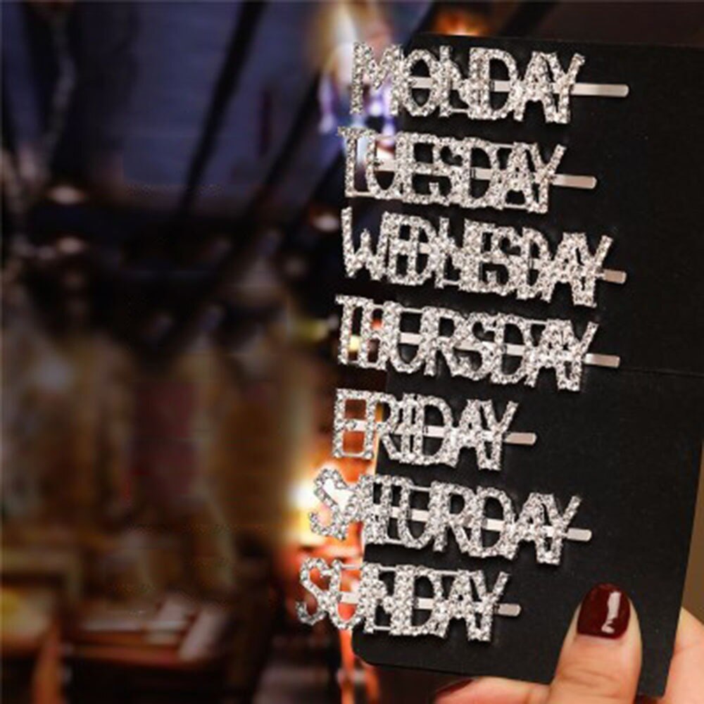 1Pc Woord Clip Parel Haaraccessoires Engels Week Brief Haarspeld Strass Zilveren Diamanten Liu Seaside Clip