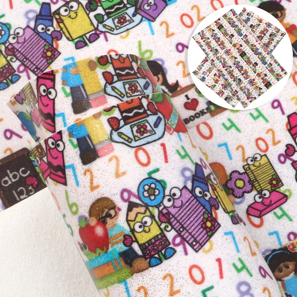 20*34cm Back to School Unicorn Flower Printed Fine Glitter Vinyl Faux Leather Fabric Sheet,DIY Handmade Materials,1Yc9364
