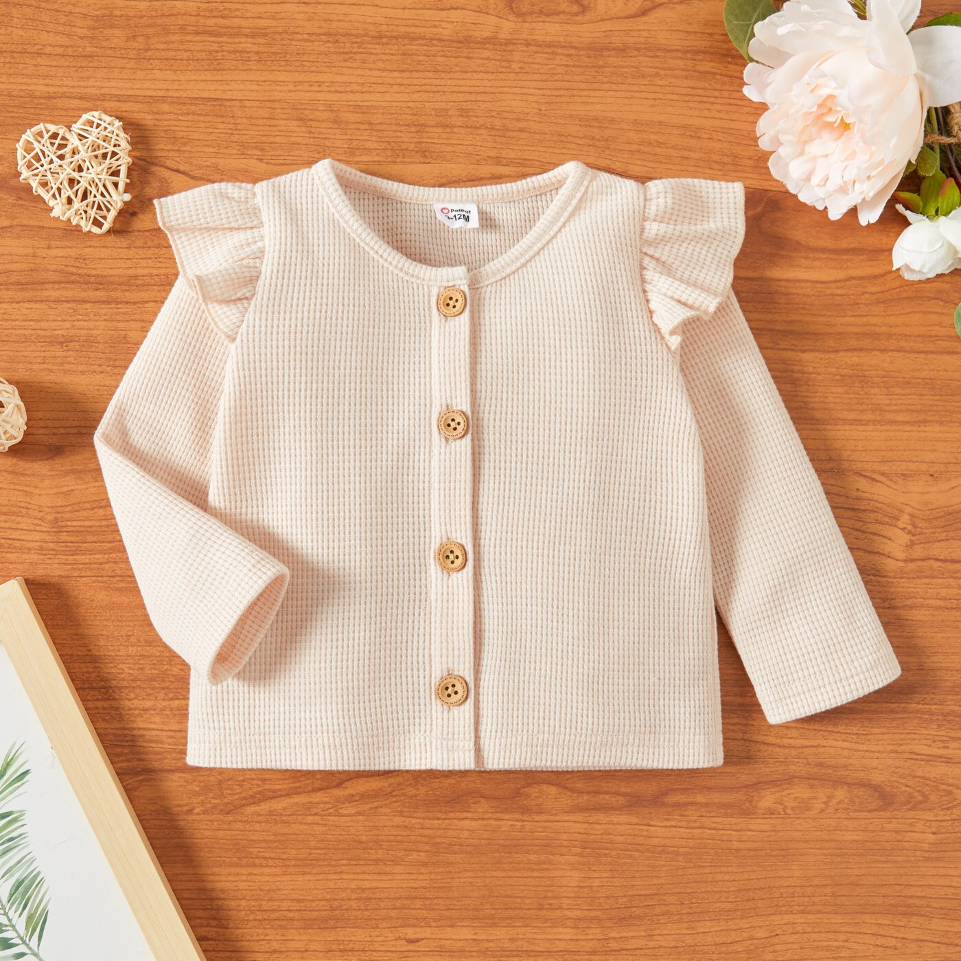 Patpat bebê menina sólido plissado manga longa botão para baixo topo: Beige / 18-24 Months