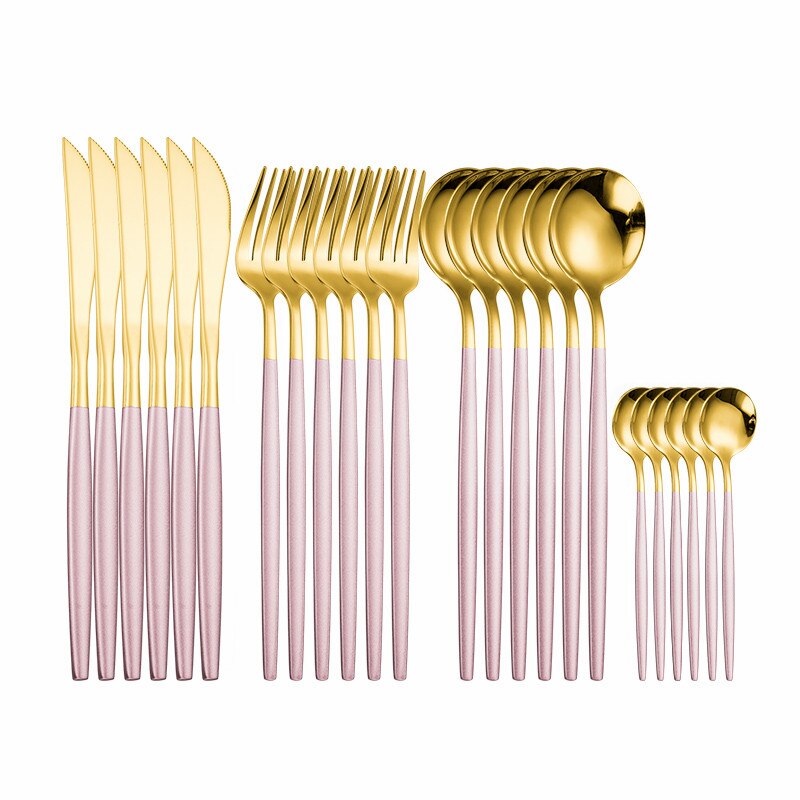 Goud Servies Set 24 Stuk Gouden Bestek Set Roestvrij Staal Servies Sets Bestek Zilverwerk Mes Vork Lepel Box Set: pink gold 6sets