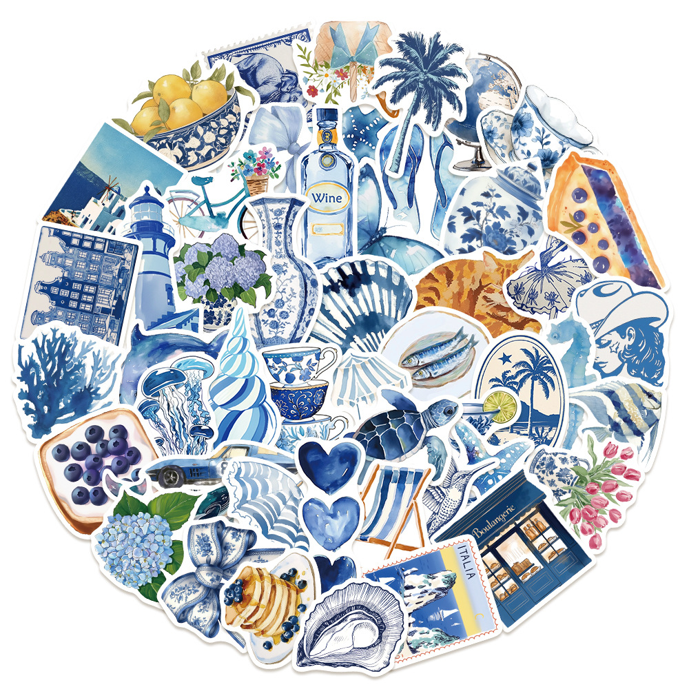 50 urocze śródziemnomorskie naklejki w kolorze niebieskim, estetyczne naklejki diy do scrapbookingu, telefonu, bagażu, deskorolki, wodoodporne naklejki