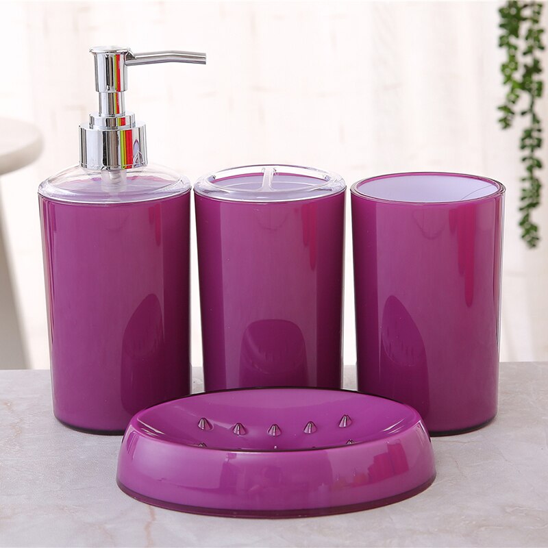 4 stk / sæt badeværelse tilbehør dragt plast sæbe dispenser kop tandbørste holder sæbeskål sæt: Lilla 4 stk