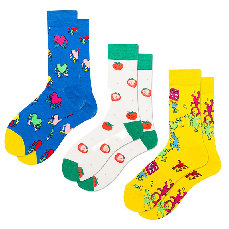 3pairs Funny Socks Personality Cotton Men& Women Sports Socks Beer Mouse Rabbit Shrimp Stamp Animal Food Fruit Cycling Socks