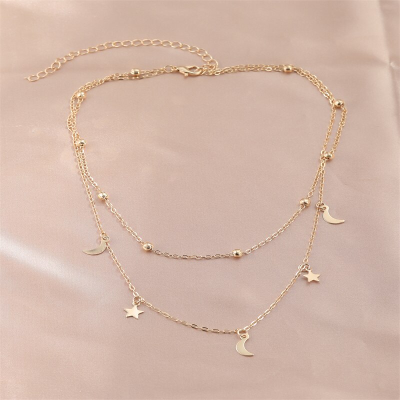 Dainty Eenvoudige Gouden Kleur Moon Star Ketting Dubbele Laag Kralen Kwastje Sleutelbeen Ketting Choker Voor Vrouwen Romantische Boho Sieraden