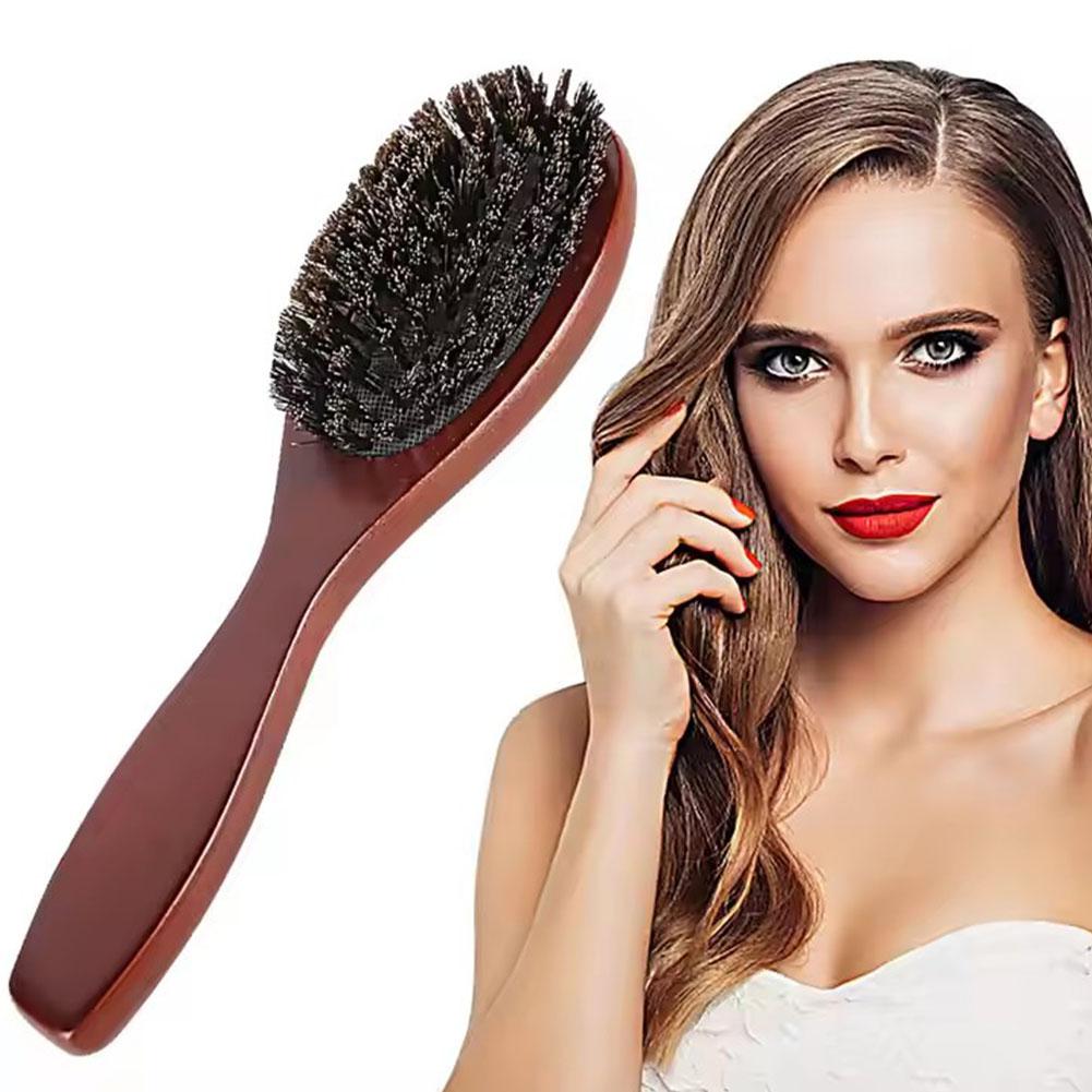 Brosse à cheveux en poils de sanglier naturels, peigne antistatique ovale pour coiffure, brosse à barbe en bois massif, brosse à cheveux de pour femme