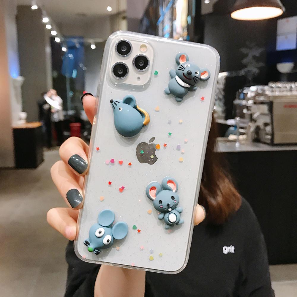 SE2020 Bling Glitter 3D Colorful Mouse Rat Shockproof Phone Case For iPhone 6 6s 7 8 Plus 10 11 Pro Max Xs XR Clear Case: iPhone X Xs / Sky Blue