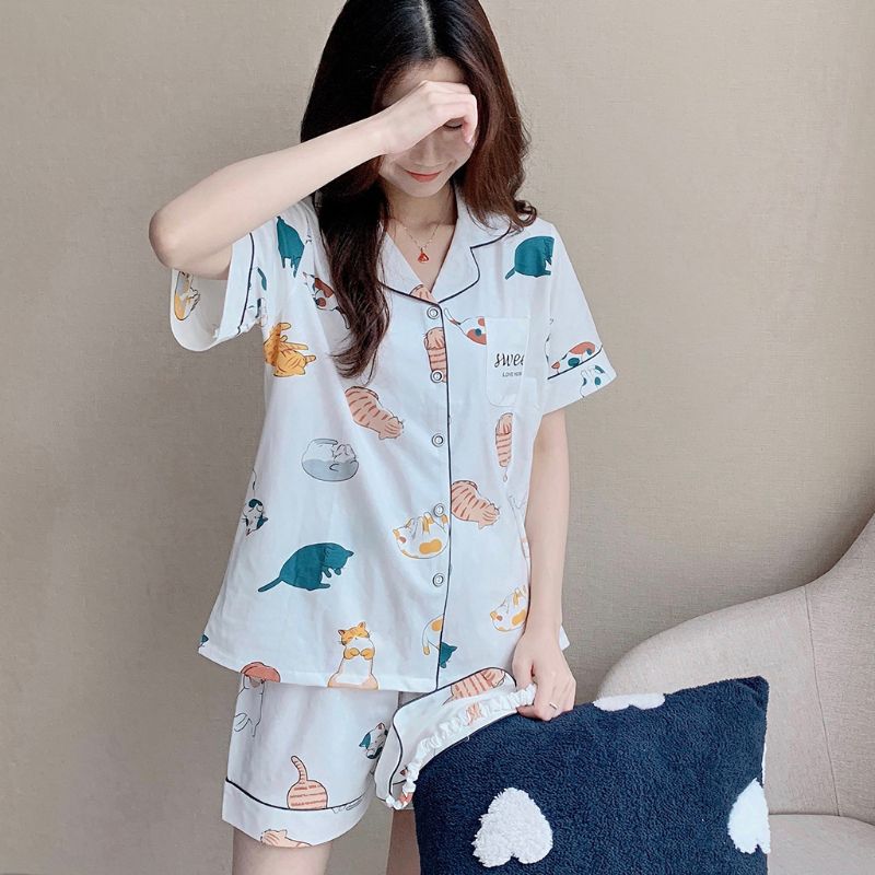 Kvinder sommer bomuld pyjamas sæt kawaii meow kat kortærmet nattøj nattøj  m7dd