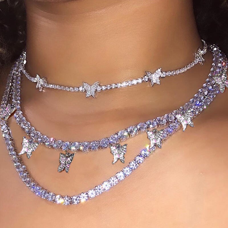 Flatfoosie Bling Della Farfalla Del Rhinestone Della Collana Del Choker Per Le Donne Fuori Ghiacciato Di Cristallo Tennis Catena Della Collana Dei Monili di Cerimonia Nuziale del Regalo