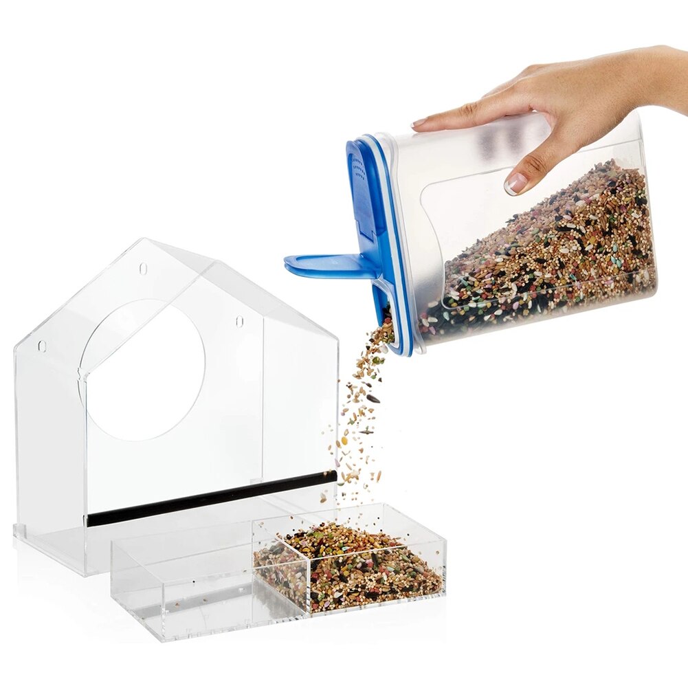 Window Birds Feeder Weather Proof House Shape Clear Acrylic Feeder with 3 Sucker for Outdoors Songbird YE