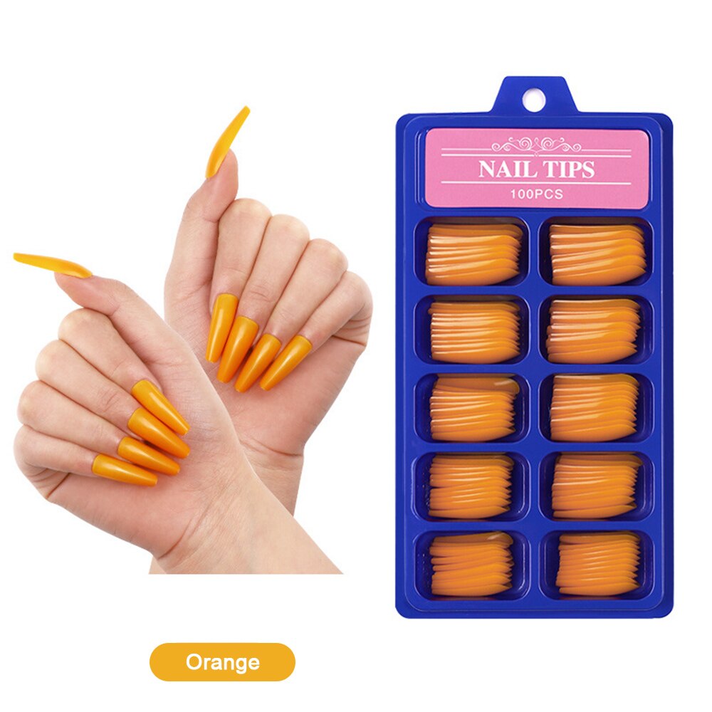 100 pièces/boîte couleur pleine couverture faux ongles conseils artificiels faux ongles longue ballerine couleur Pure pointe d'ongle 10 tailles outil de manucure: Orange