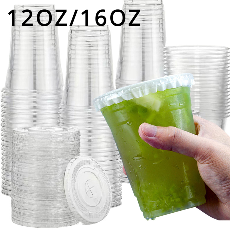 Vasos transparentes de plástico con tapa para té y leche, recipientes desechables para bebidas, zumo de frutas, café, arena y helado, 50 piezas