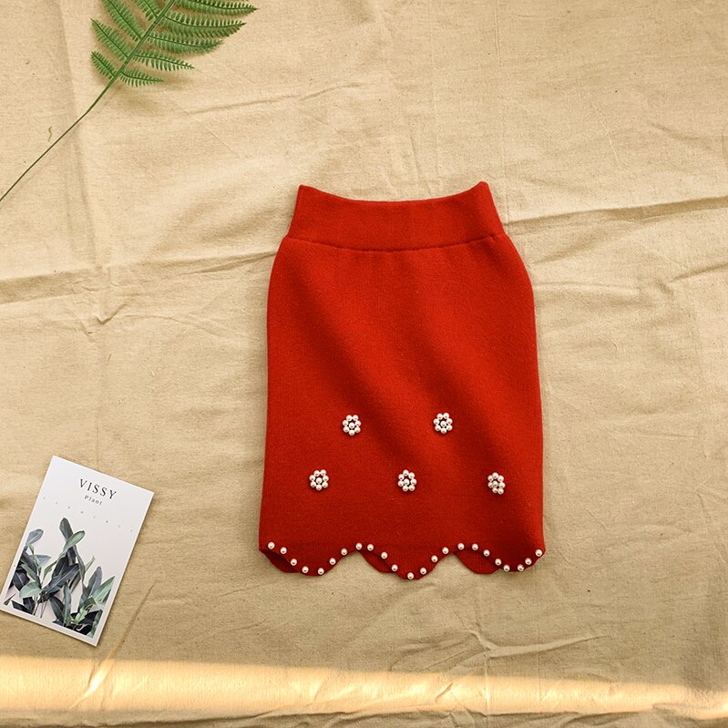 Preppy Spring Autumn Student Girls Knit Skirts Bead Princess Pencil Skirt 5 6 7 8 9 10 11 12 13 14 Year Korean Kids Baby Clothes: Red / 11