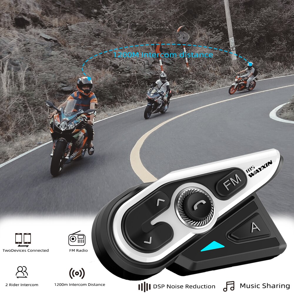 Wayxin 1Pcs Bluetooth 5.0 Intercom Motorhelm Headsets 2 Rider 1200M Intercom Moto Interphone R15 Fm Muziek Delen