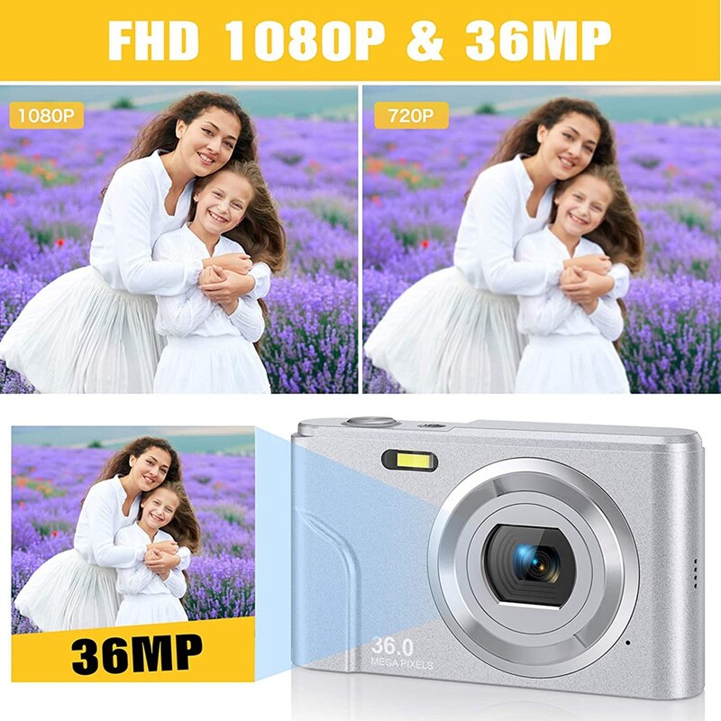 1080P 36.0 Mega Pixels Digital Camera with 16X Digital Zoom, LCD Screen, Portable Mini Cameras for Students Teens