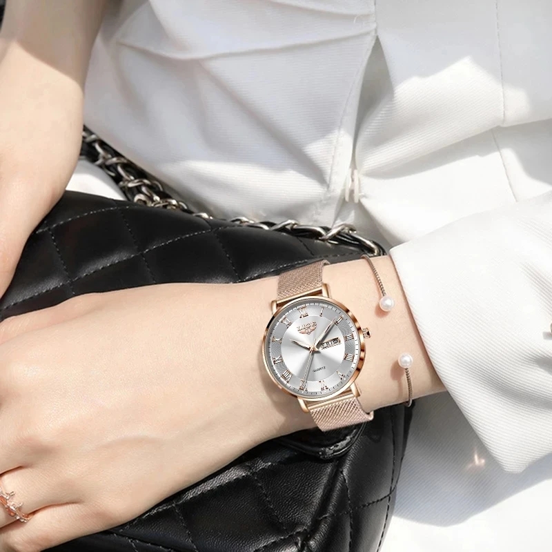 LIGE, reloj de lujo a la para mujer, resistente al agua, correa de malla de acero y oro rosa, relojes de pulsera para mujer, relojes de pulsera, reloj femenino
