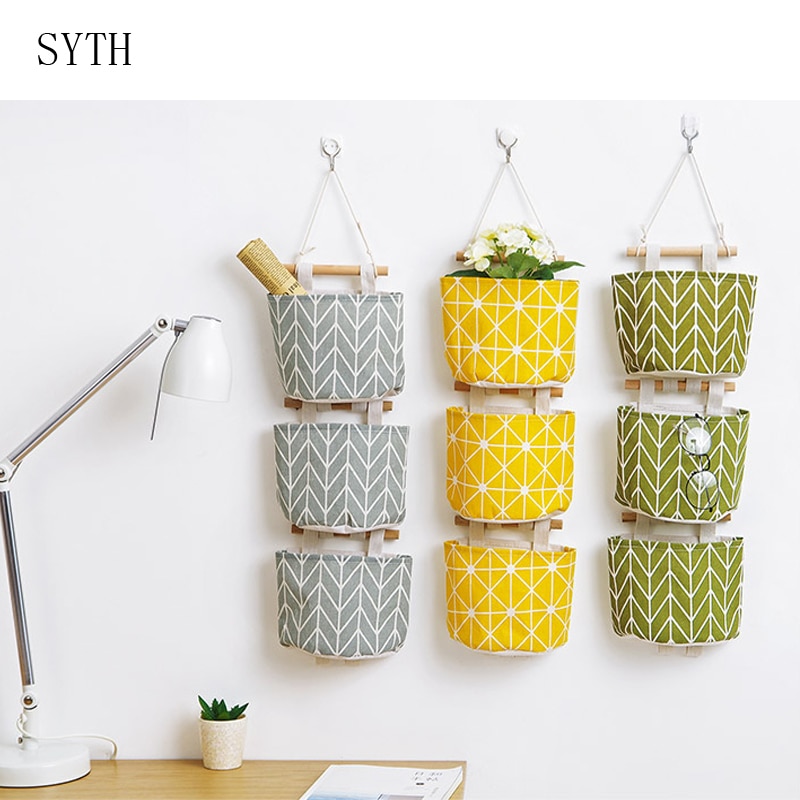 Pattern Cotton Linen Hanging Storage Bag Wall Mounted Wardrobe Hang Bag Wall Pouch Cosmetic Toys Organizer