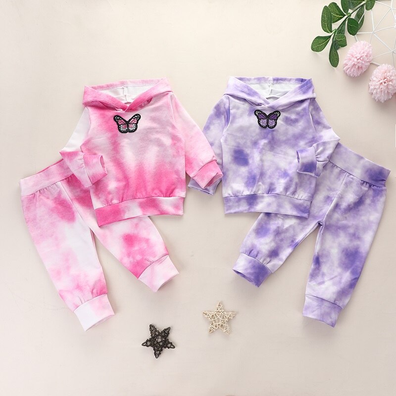 Ensemble 2 pièces pour bébés filles, vêtements à la pour l'automne, broderie papillon avec teinture à manches longues, sweat-shirt + pantalon pour bébés
