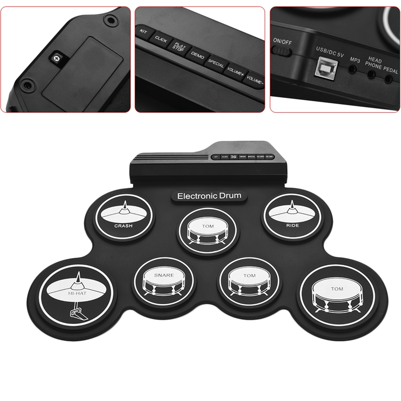 Kompakt storlek usb roll-up silikon trumset digitalt elektroniskt trumset 7 trumkuddar med trumpinnar fotpedaler för att börja
