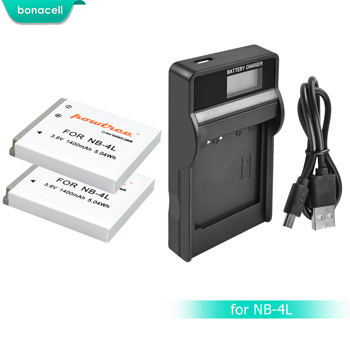 Bonacell 1400mAh NB-4L NB4L NB 4L Batteria Bateria + LCD Caricabatteria per Canon IXUS 30 40 50 55 60 65 80 100 PowerShot SD1000 1100 L10: 2 Pack Battery