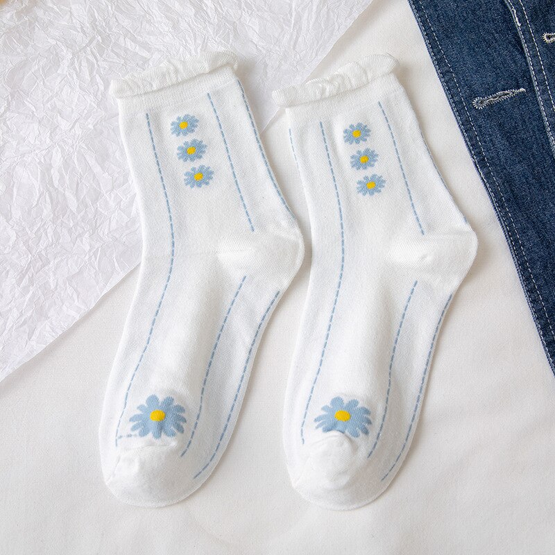 Bloemen Stroken Ruffle Sokken Vrouwen Zomer Dunne Harajuku Streetwear Crew Sokken Blauwe Bloem Print Japanse Kawaii Leuke Vrouw Sokken: 1