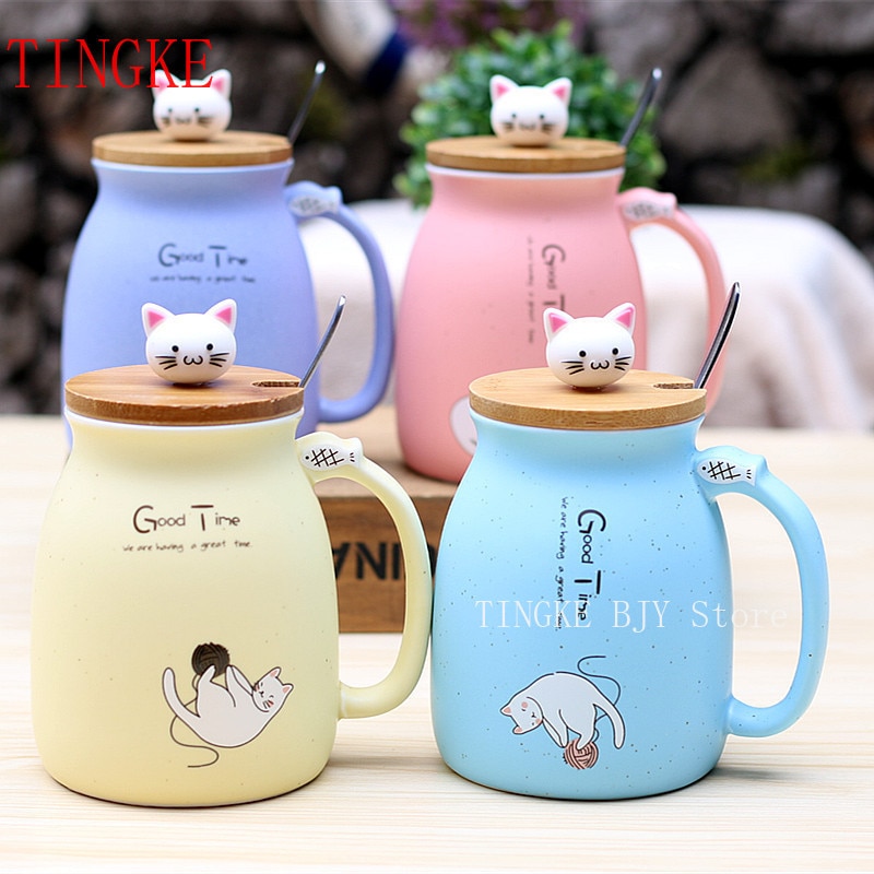 450ml Cartoon Ceramic Cute Cat Cup with Lid and Spoon Coffee Cup Home Milk Tea Cup Breakfast Cup Drink Novelty