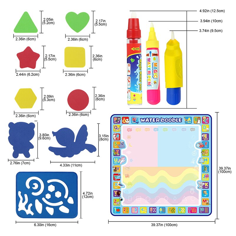 Estera de dibujo educativo para niños, tapete mágico de 100x100cm para dibujar con agua, tapete para garabatos, 4 bolígrafos de dibujo y 1 Juego de sellos, tablero de pintura