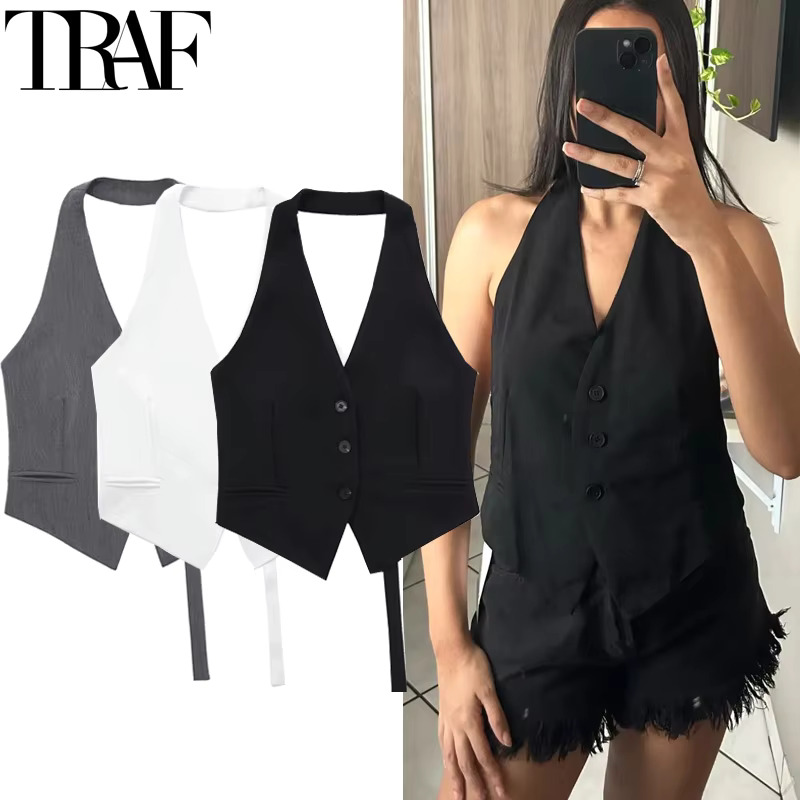 TRAF Black White Sleeveless Vest Women off Shoulder Cropped Vests for Women Waistcoat Halter Vest Top Women Vest Woman