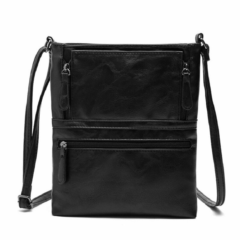 Väskor för kvinnor vintage messenger bag dubbel dragkedja pu läder handväska cross body väska casual axelväskor kvinnlig bolsa: Svart