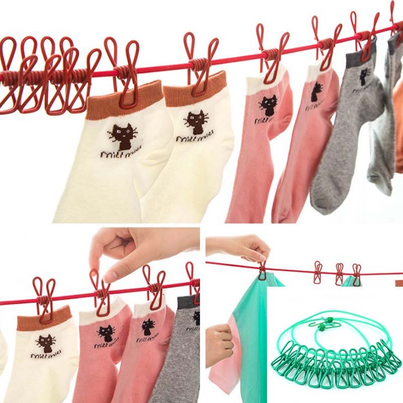 Portable Outdoor Clothesline Easy to Take Hanging Rope Windbreak Non-slip Clotheslin With 12 Clothespins Clothes Dryer