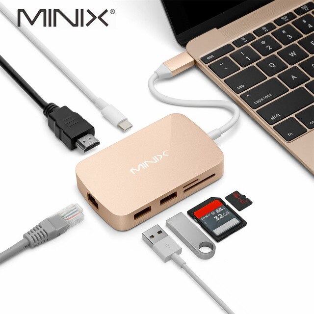 Minix neo c tipo-c adaptador multiport com hdmi-saída compatível 4k gigabit ethernet USB-C para carregar compatível com macbook: Gold