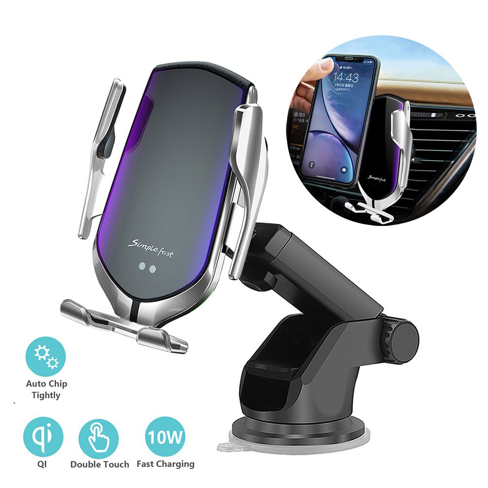 Cargador inalámbrico de coche con sujeción automática de 10W para iPhone 11 X Xs XR, soporte de cargador inalámbrico Qi por inducción infrarroja, soporte de teléfono para coche: Silver