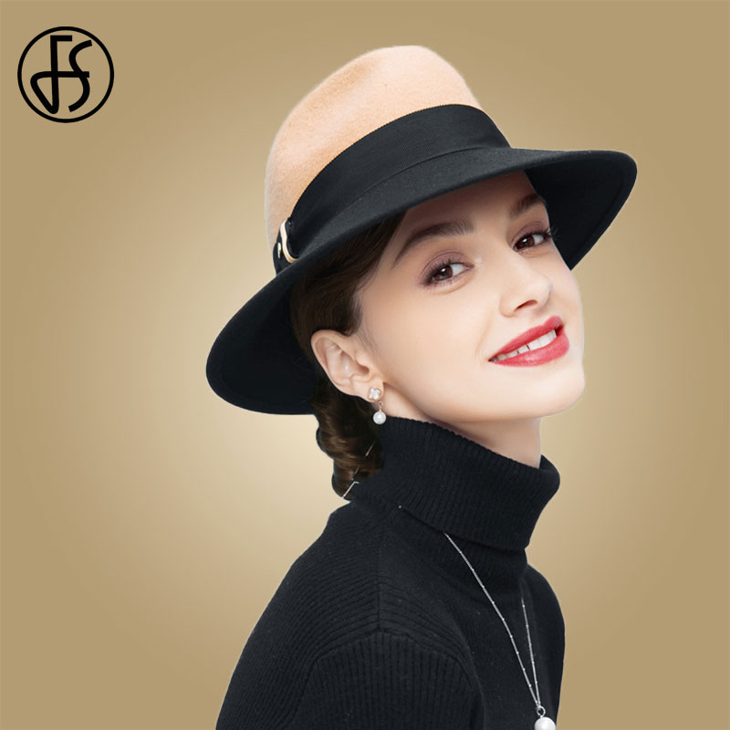 Fs bred brätte fedora kamel och svart dam hattar med band ull filt hattar bowler hatt chapeau femme feutre dam trilby hatt: Svart kamel fedoras