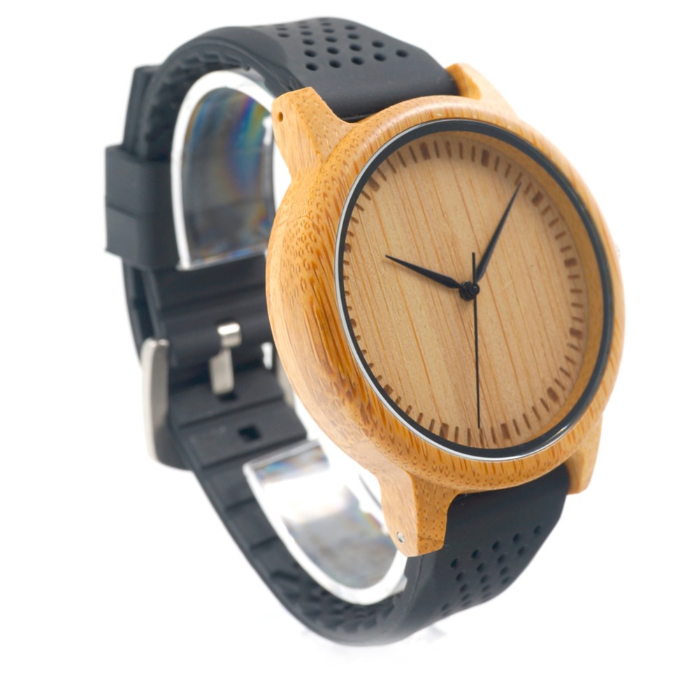 BOBO BIRD Men Watches Simple Style Bamboo Wooden Wristwatches Soft Silicone Strap Extra Band as