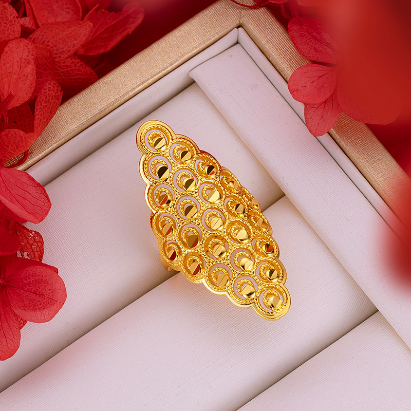 Anillo grande de flor exagerada hueca para mujer, anillos de oro amarillo Real de 18k para mujer, anillo de de boda, , joyería de flores para mujer: Canela