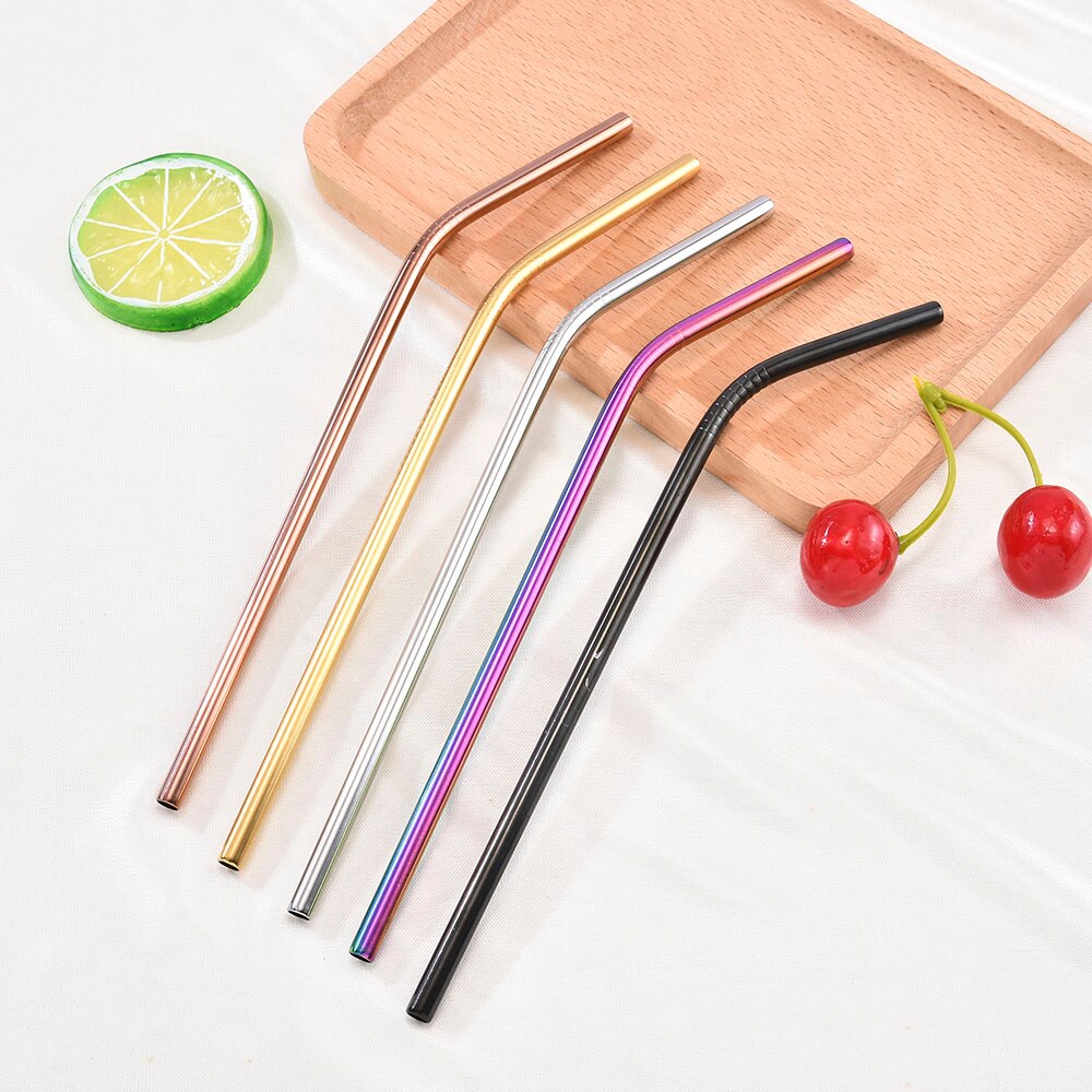 Rainbow Color Reusable Metal Straws Set with Cleaner Brush 304 Stainless Steel Drinking Straw Milk Bar Party Drinkware